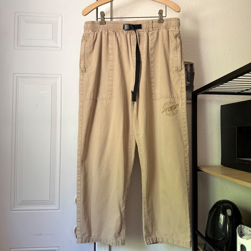 AFENDS tan belted logo embroidered khaki straight leg cropped pants